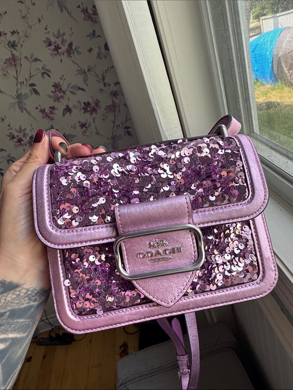 Coach Pink Sequin Crossbody Bag with Metallic Trim